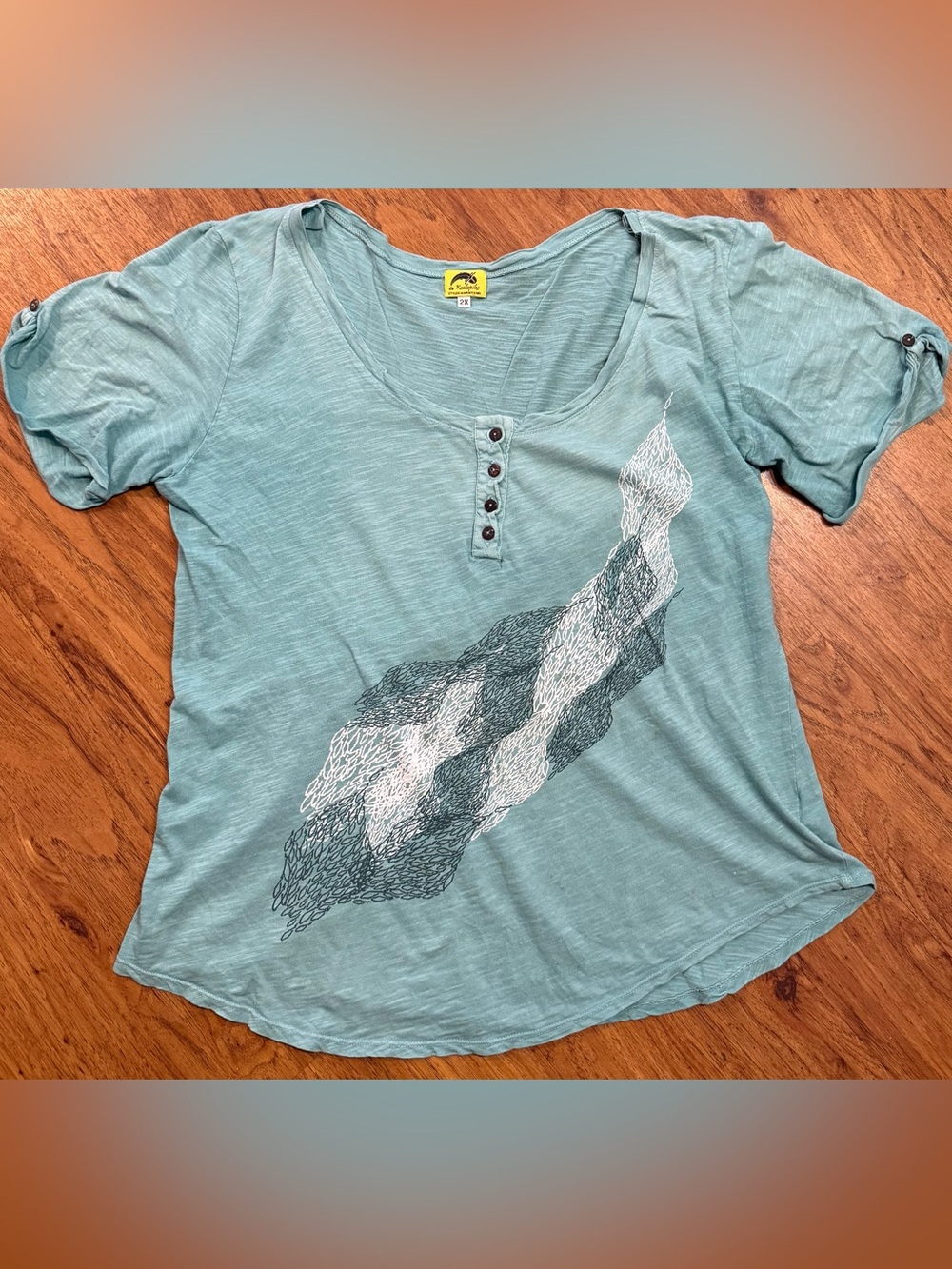 Kealopiko Women’s Henley Shirt blouse Top Organic Art Green Hawaii made in USA